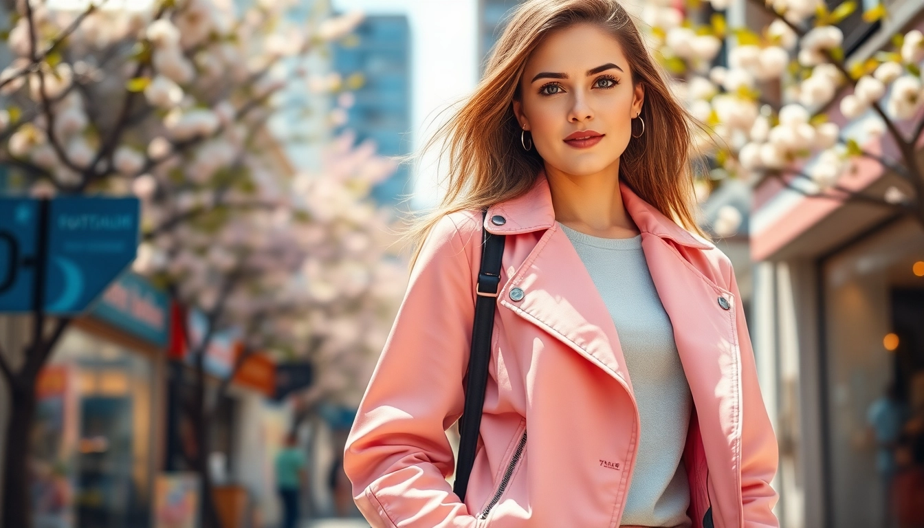 Woman confidently showcasing a jacket womens in a lively urban setting with daylight.