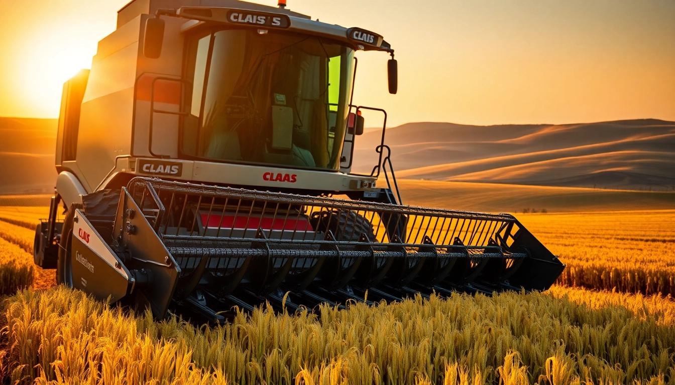Claas Erntemaschinen auf einem Feld mit Sonnenuntergang im Hintergrund