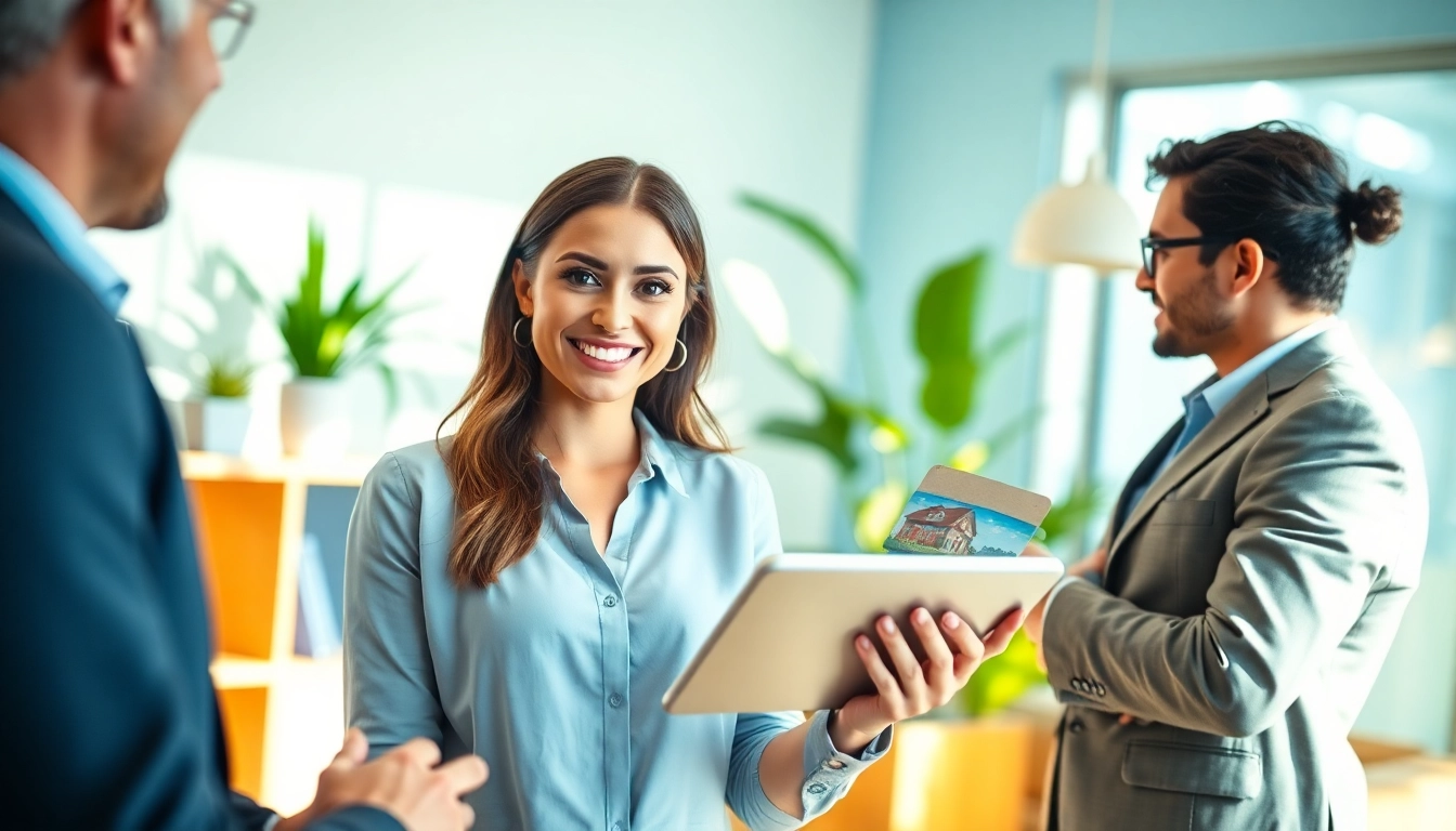 Buy my property fast with a friendly real estate agent engaging clients in a bright office setting.