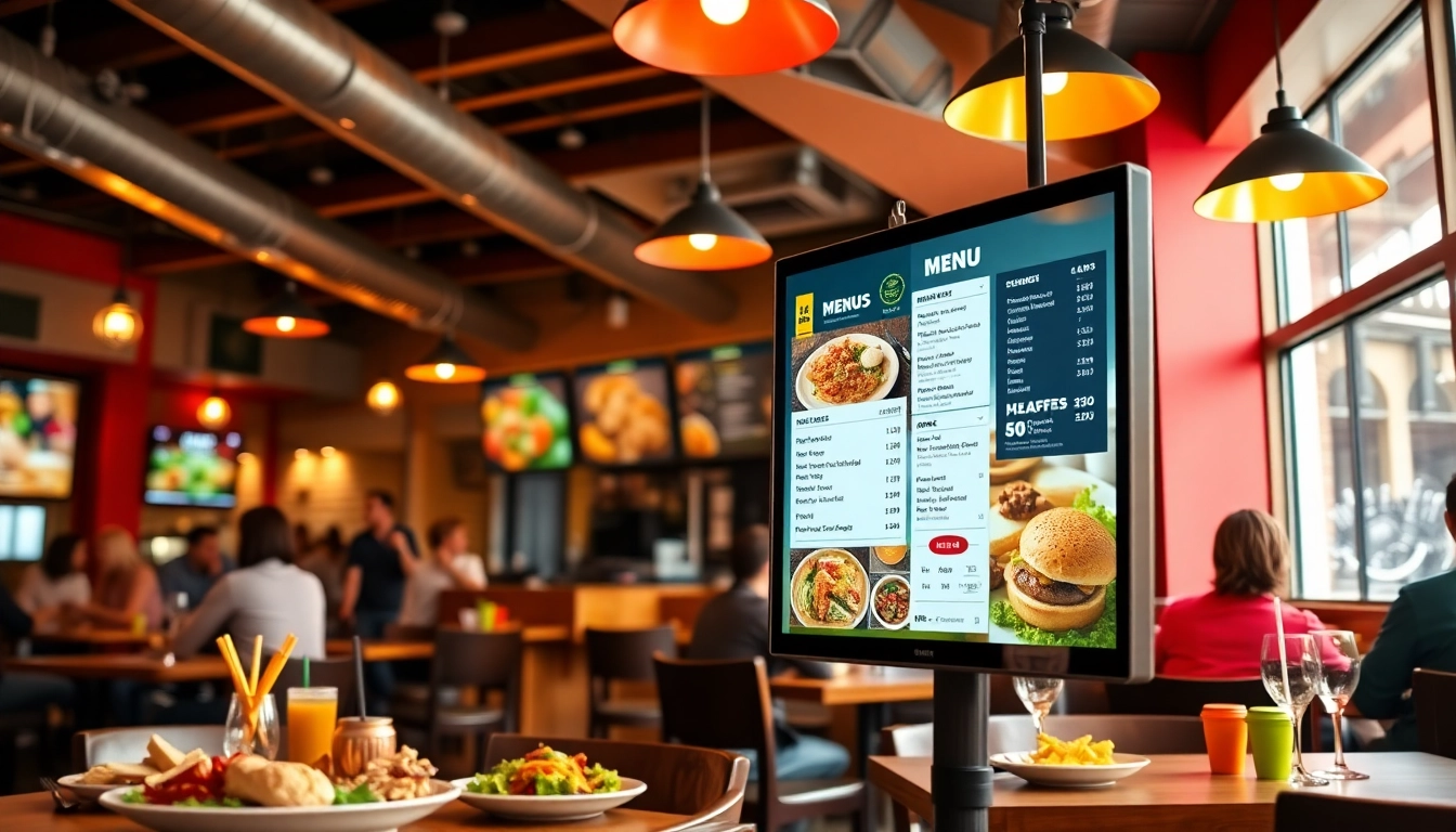 Engaging digital signage for restaurants showcasing interactive menu displays in a vibrant dining atmosphere.