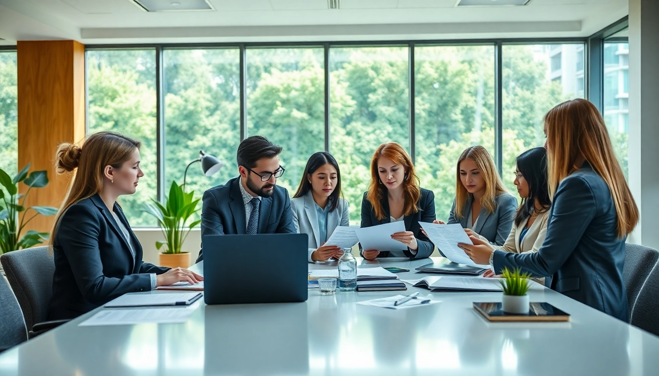Team of lawyers at an environmental law firm discussing cases in a bright modern office.