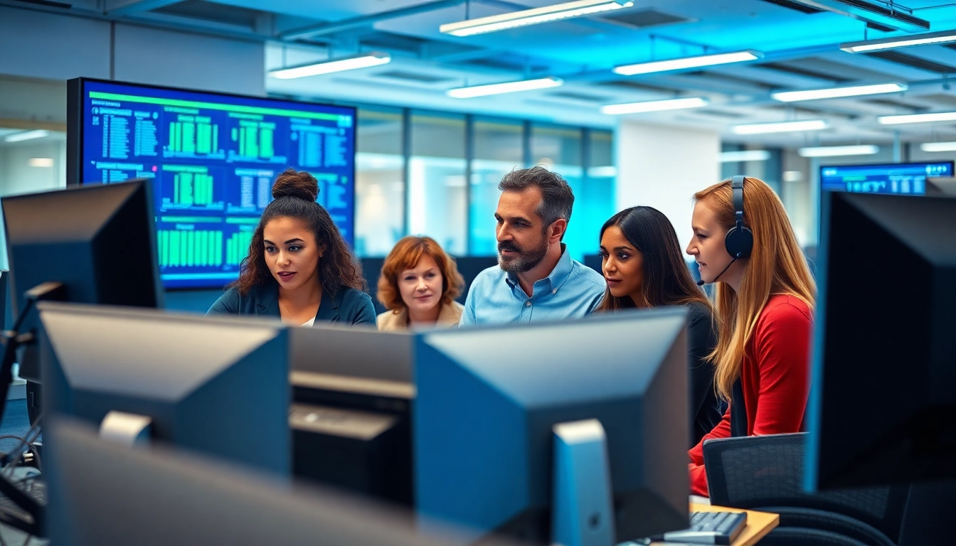 Showcase dynamic collaboration in managed IT support services with a diverse team in a tech-savvy environment.