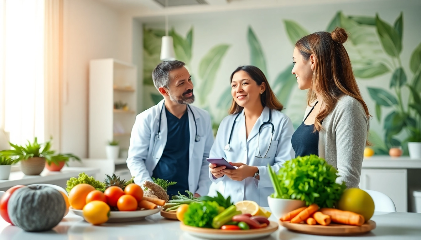 Client reviewing a healthy weight loss diet with a nutritionist in a modern medical spa.