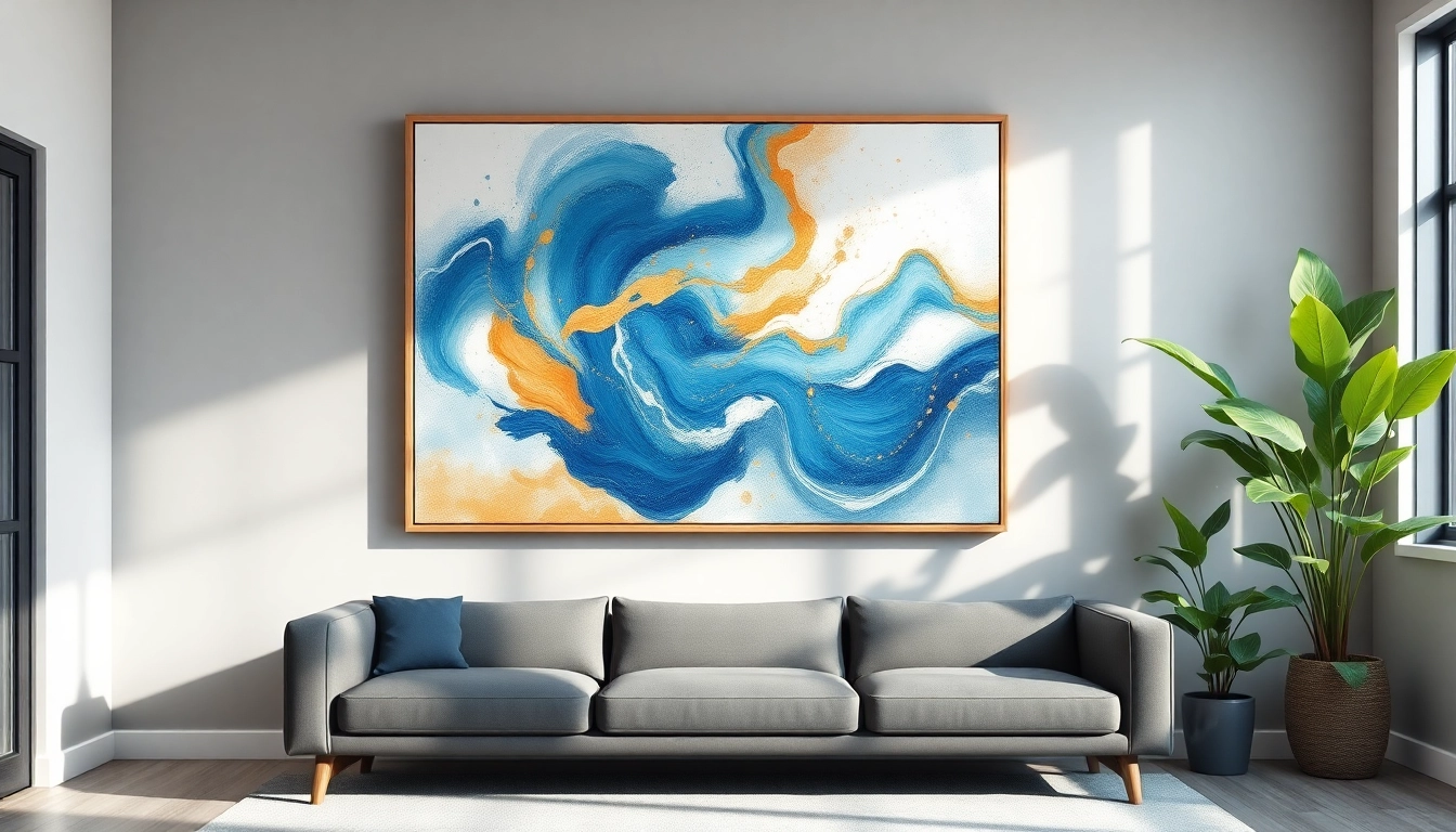 Admire stunning abstract paintings art featuring vibrant colors and textures in a chic living room setting.