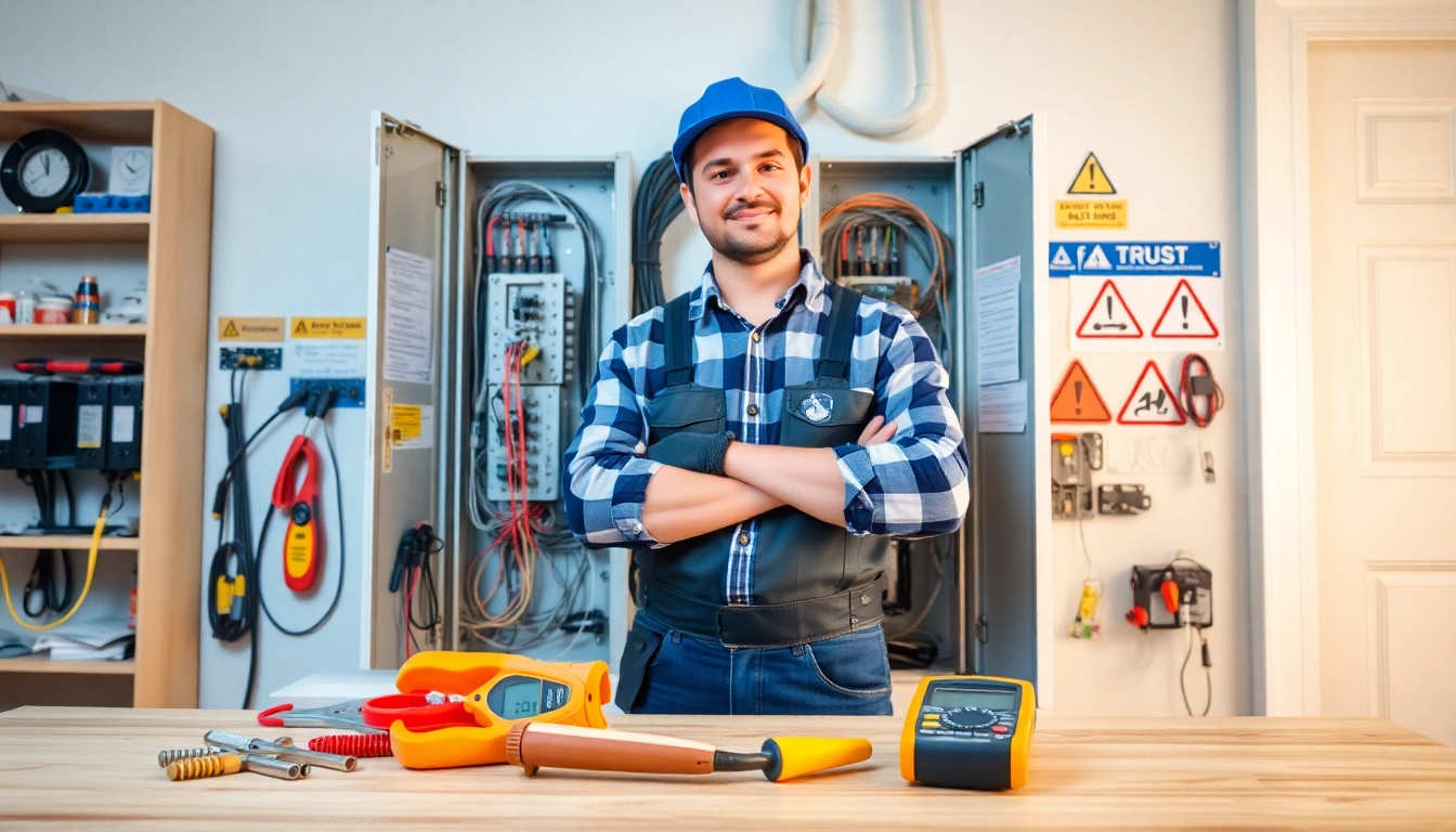 Technician conducting an Electrical Panel Upgrade safely, showcasing new circuit breakers and tools.