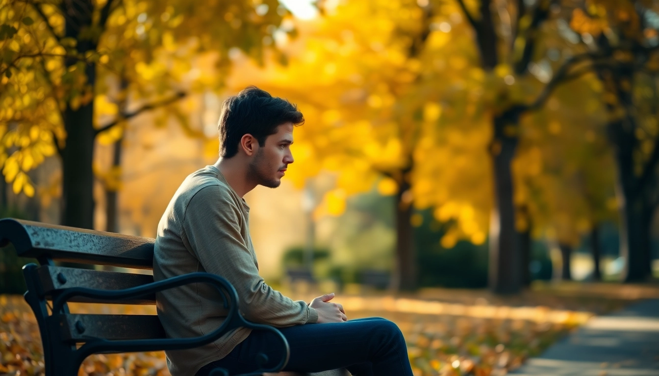 Person reflecting on emotions while dealing with grief in a tranquil autumn park.