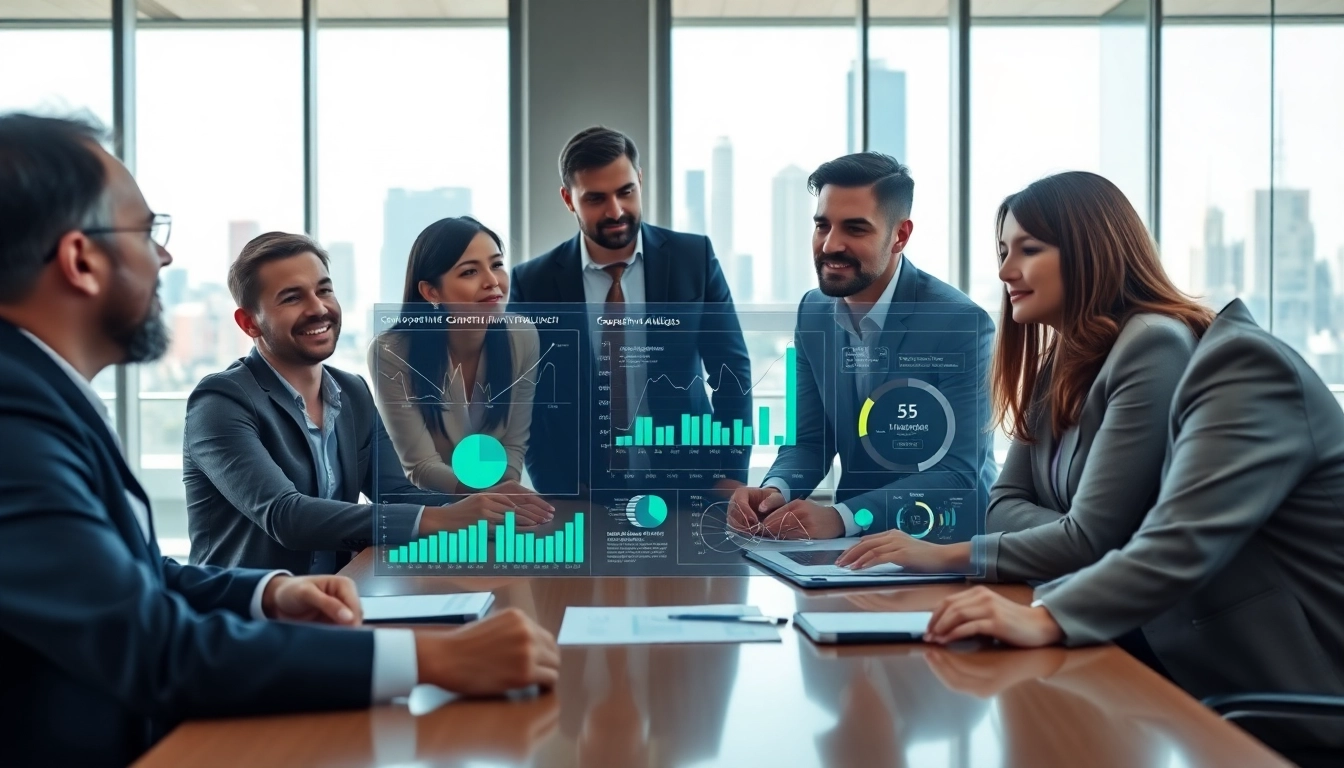 Analyzing competitive intelligence data in a business meeting.
