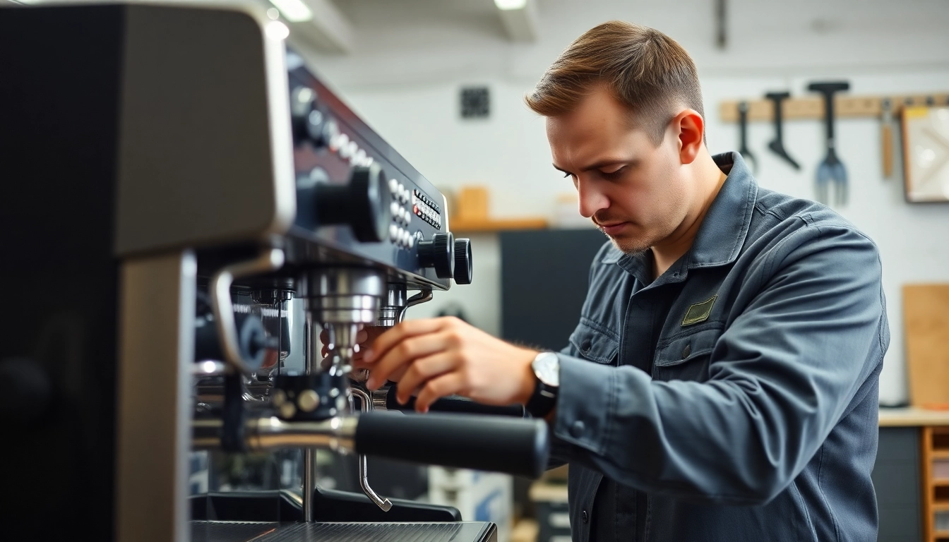 Cimbali service technique performed by an expert technician on an espresso machine repair.