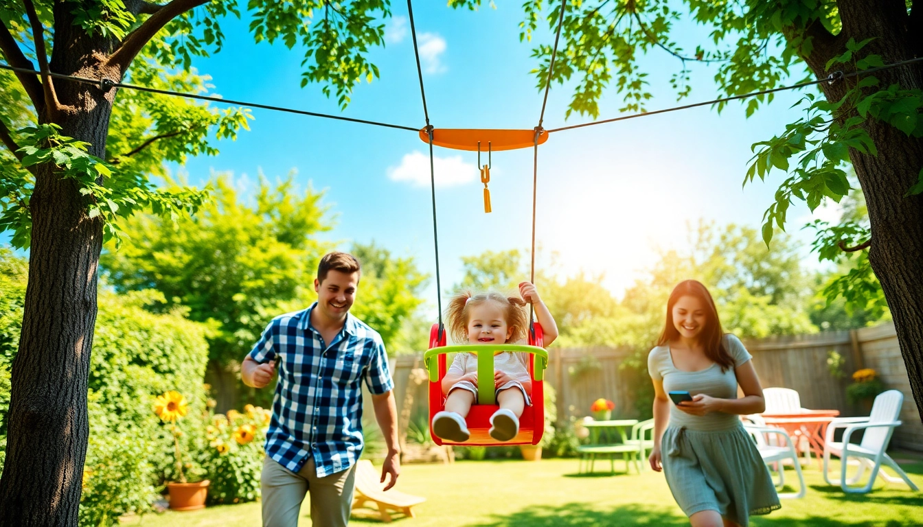 Engage in fun with the GARDEN ZIP WIRE KIT as a child joyfully rides across.