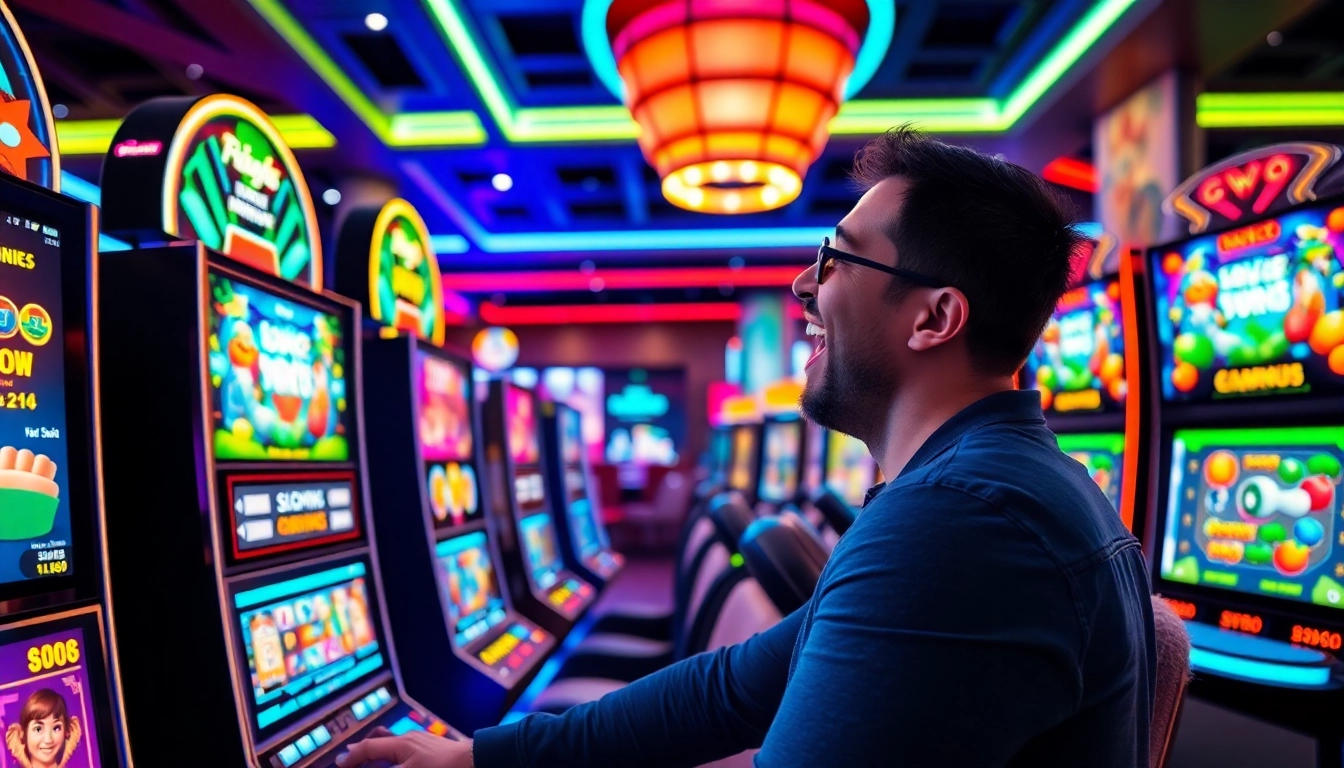 Menggambarkan situs resmi batman138 dengan pemain slot yang antusias dan mesin slot yang berkilauan.