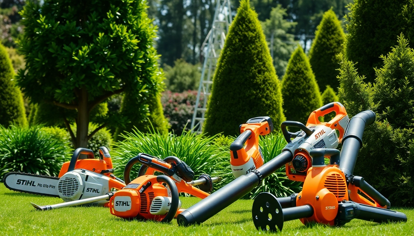 Stihl Werkzeuge in einem gepflegten Garten zur Verbesserung der Gartenarbeit präsentieren.