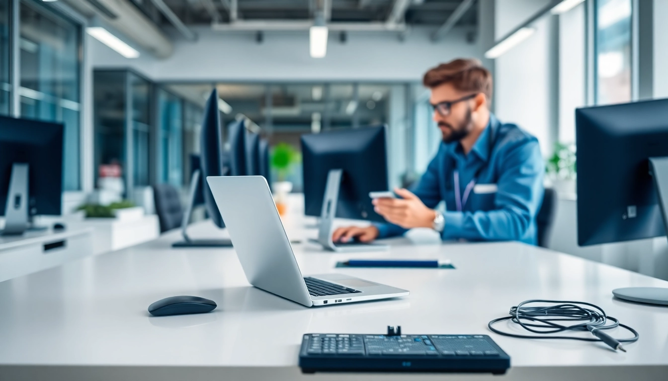 Engaging computer services technician assisting a client in a modern office setup.