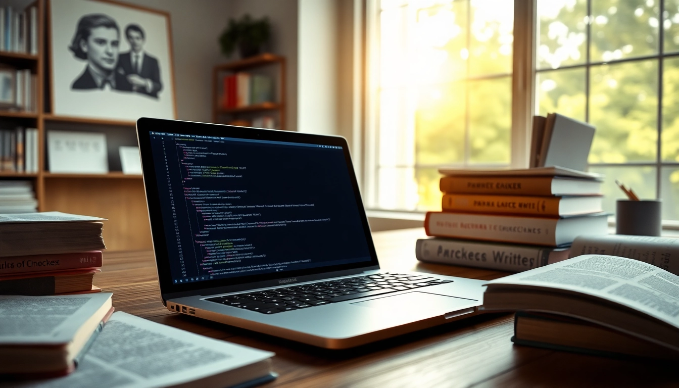 Check results of plagiarism checker on a laptop surrounded by writing books.