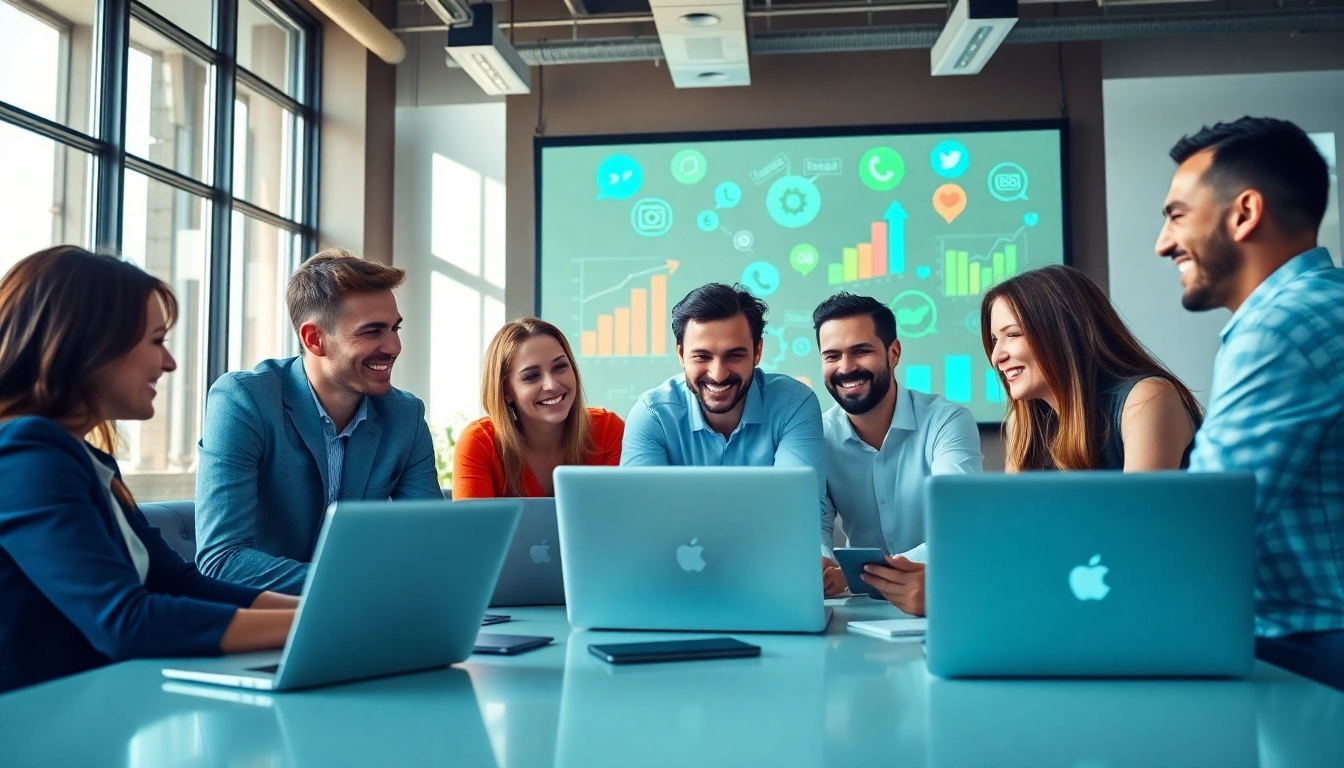 Social media agency team collaborating in a modern office setting with vibrant technology.