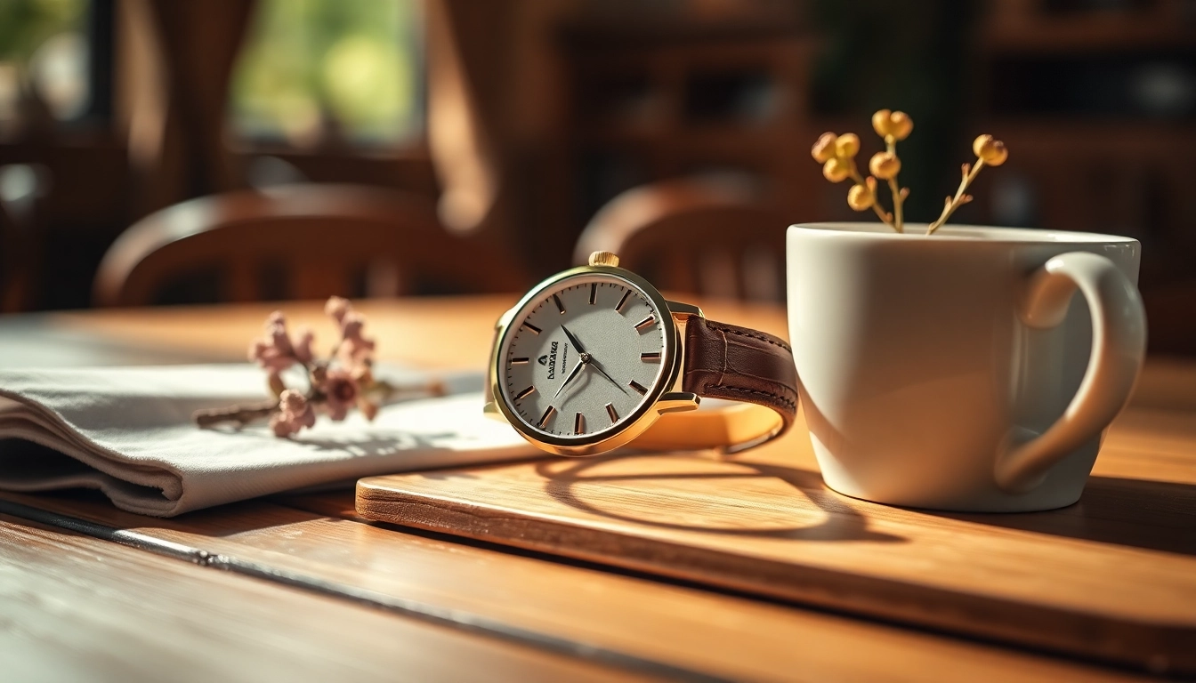 Damen Armbanduhr mit elegantem Design auf einem Holztisch in einem Café.