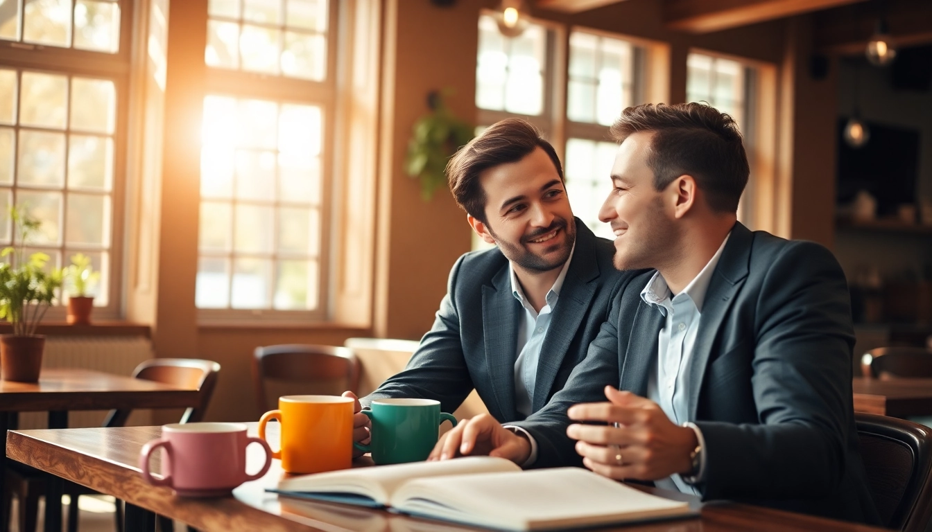 Couple practicing communication in relationships in a cozy café environment with coffee mugs.