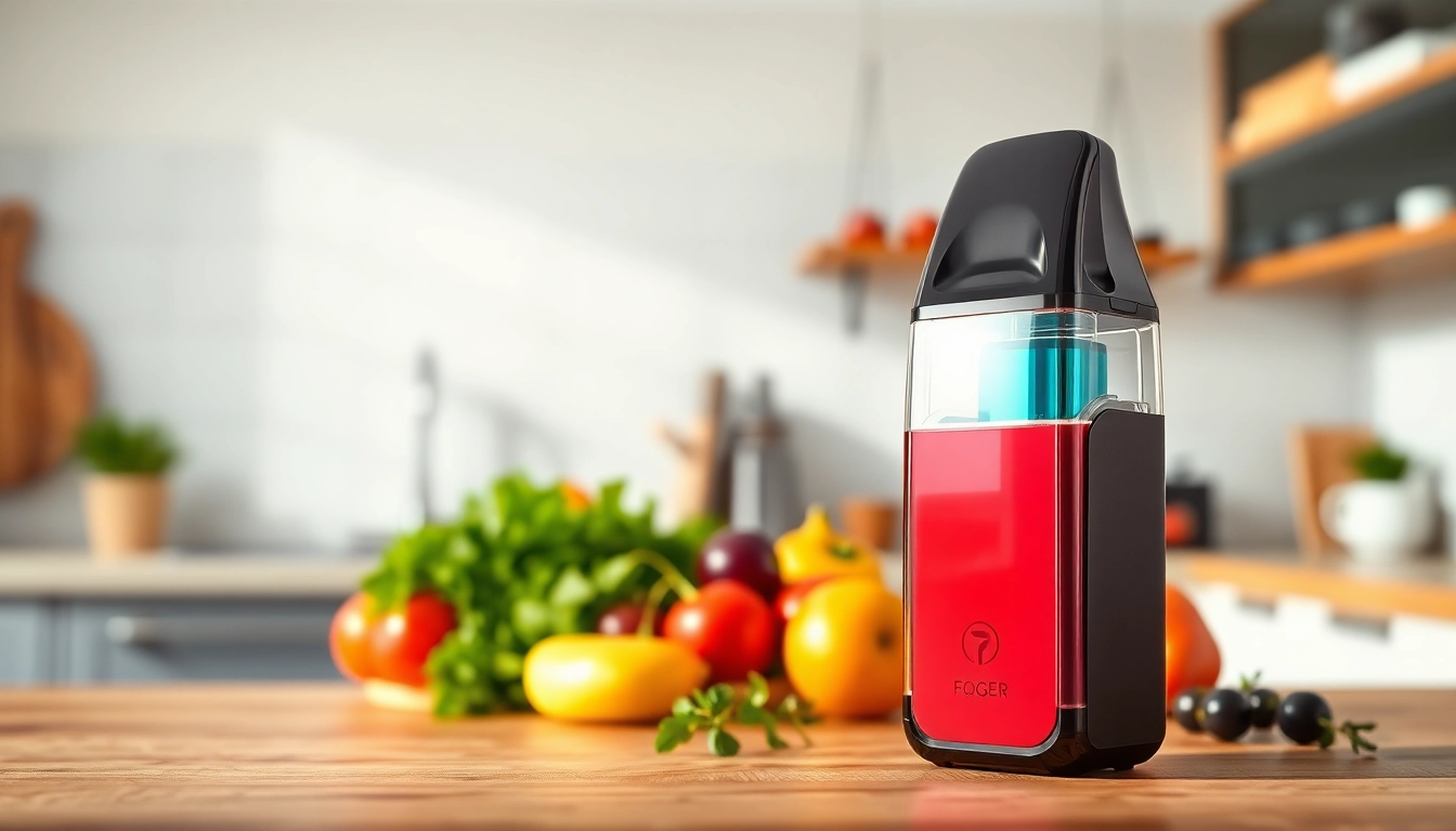 Engage with the Foger Switch Pro Pod showcasing vibrant design and flavor details in a modern kitchen setting.
