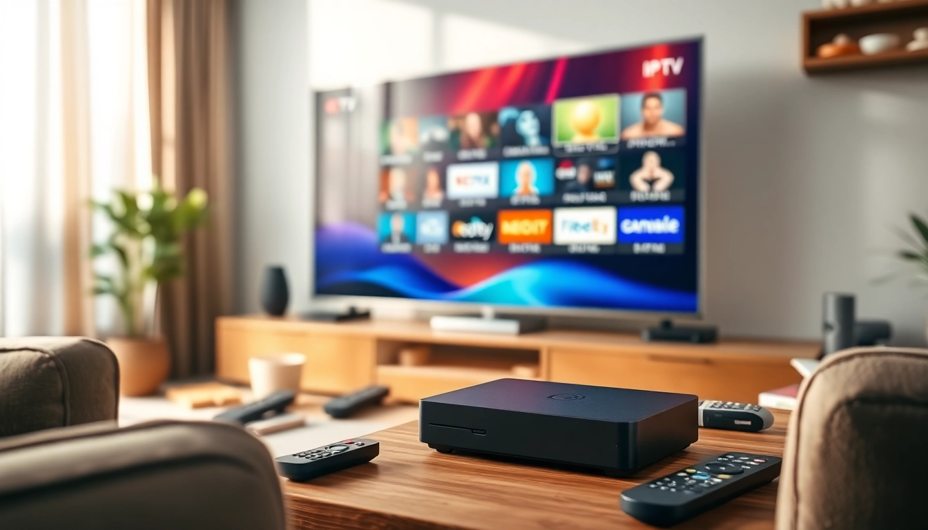 Comprar IPTV en un televisor moderno con ambiente acogedor y un dispositivo elegante.