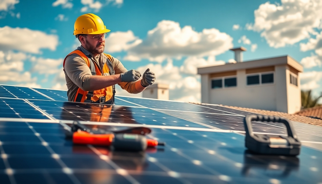Pigeon proofing solar panels Phoenix with technician installing bird spikes on a sunny rooftop.