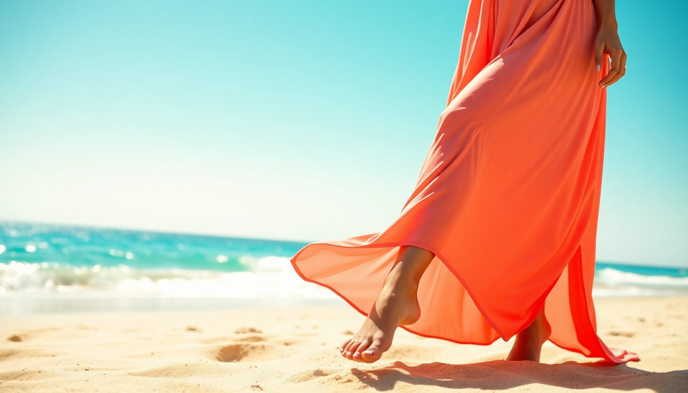Woman modeling stylish 30a women’s clothing on a beach, showcasing summer vibes and elegance.