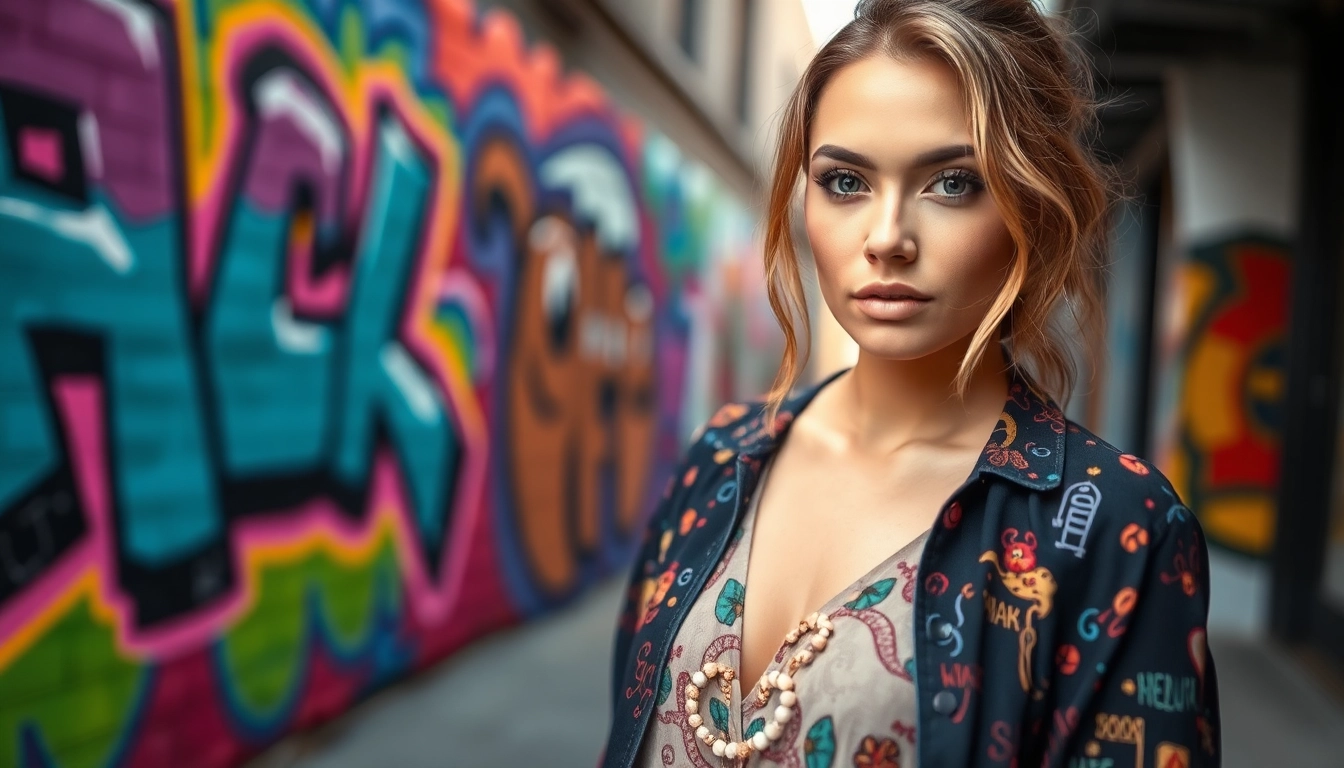 Model wearing premium art clothing Calgary with vibrant street art backdrop showcasing unique designs.