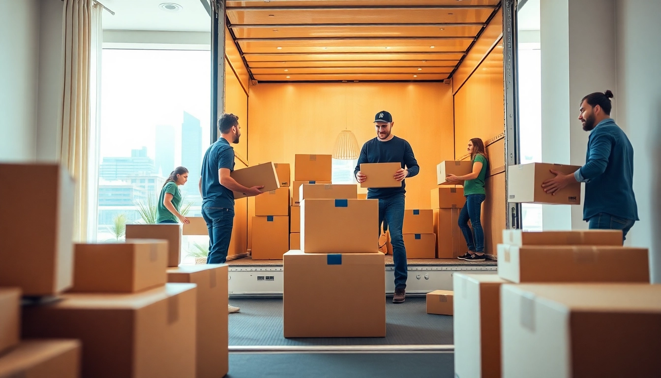 Movers Calgary team efficiently loading packed boxes into a moving truck at a modern home.