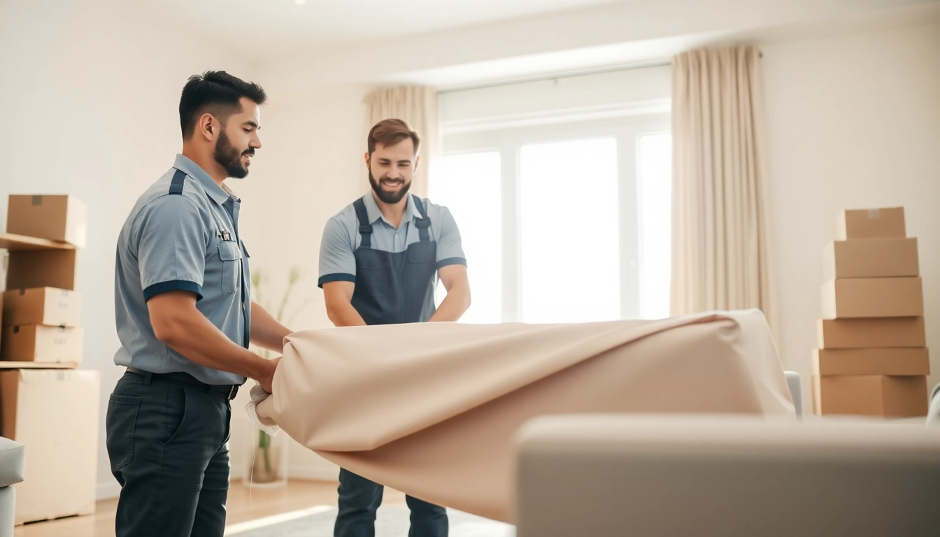 Movers calgary professionally packing furniture in a bright, modern living room.