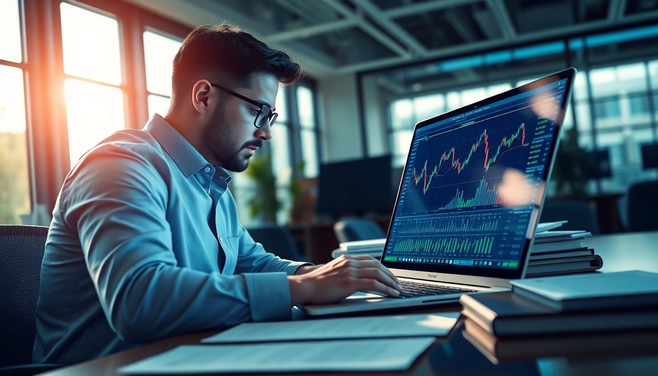 Engaged professional in elite trading analyzing charts on a laptop with a modern office backdrop.