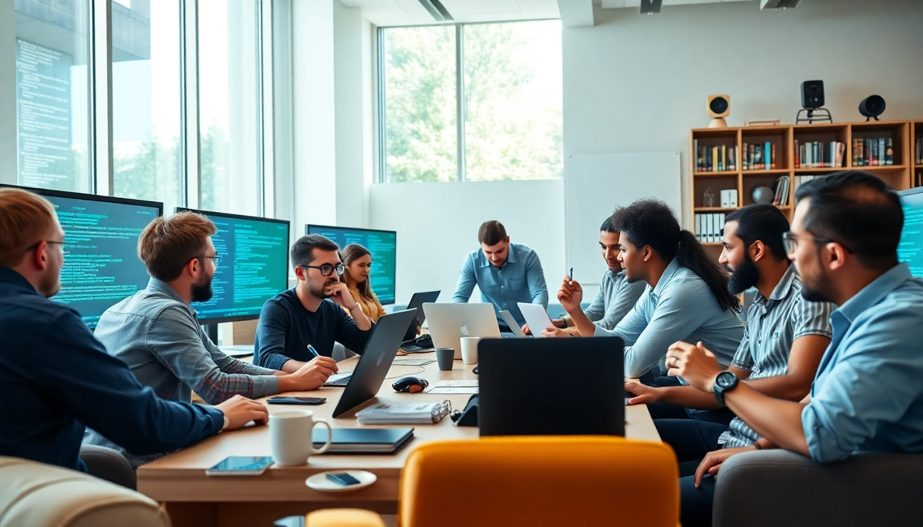 Learn PHP programming online with learners engaged in coding at a modern workspace.